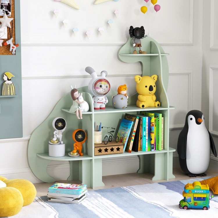 3-tier green dinosaur kids bookshelf featuring open shelves, rounded corners, and stable support legs for safe.
