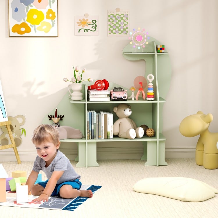 Dinosaur-shaped green kids bookshelf with multiple open shelves, perfect for organizing children's books and toys.