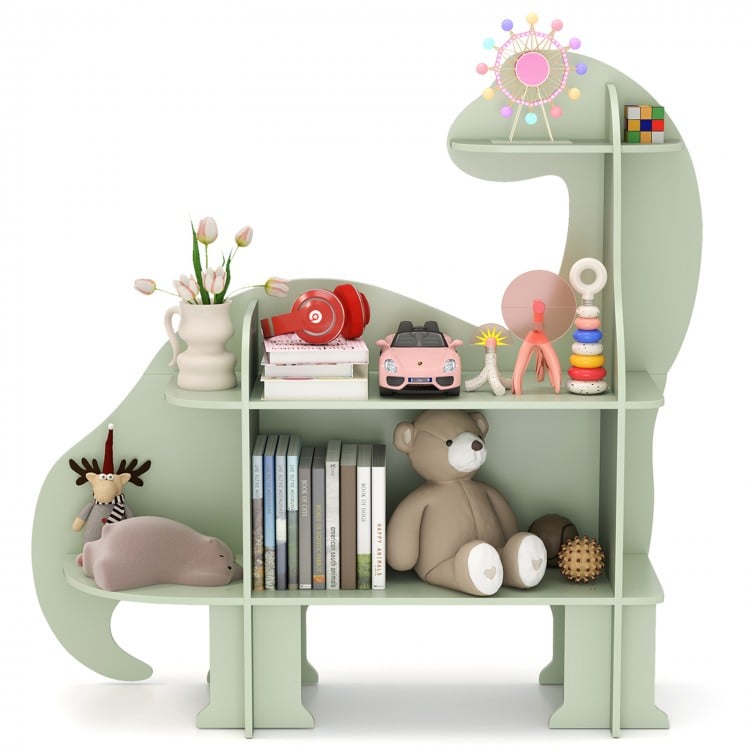 Dinosaur-shaped 3-tier kids bookshelf in green with multiple open shelves, ideal for nursery or playroom organization.