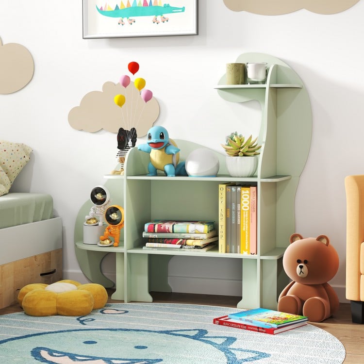Dinosaur-themed green kids bookshelf showcasing a playful design, perfect for displaying toys and books in a child's.