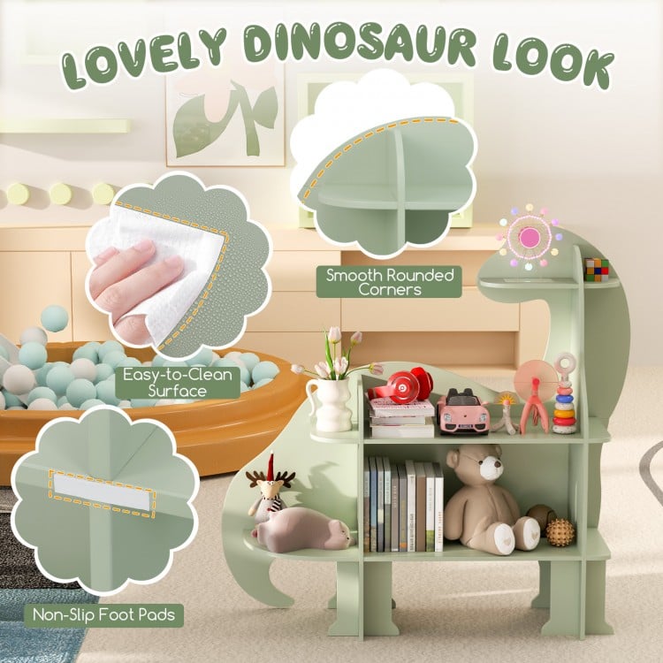 3-tier green dinosaur kids bookshelf featuring smooth rounded corners and non-slip foot pads for safe organization.