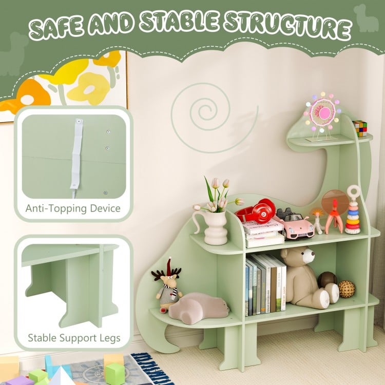 3-tier green dinosaur kids bookshelf featuring stable support legs and anti-topping device, perfect for nursery or.