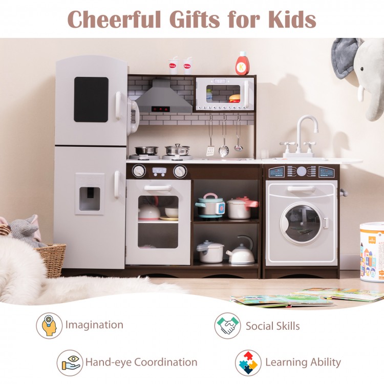 Corner toy kitchen set in dark brown with light and sound features, promoting imagination and social skills for kids.