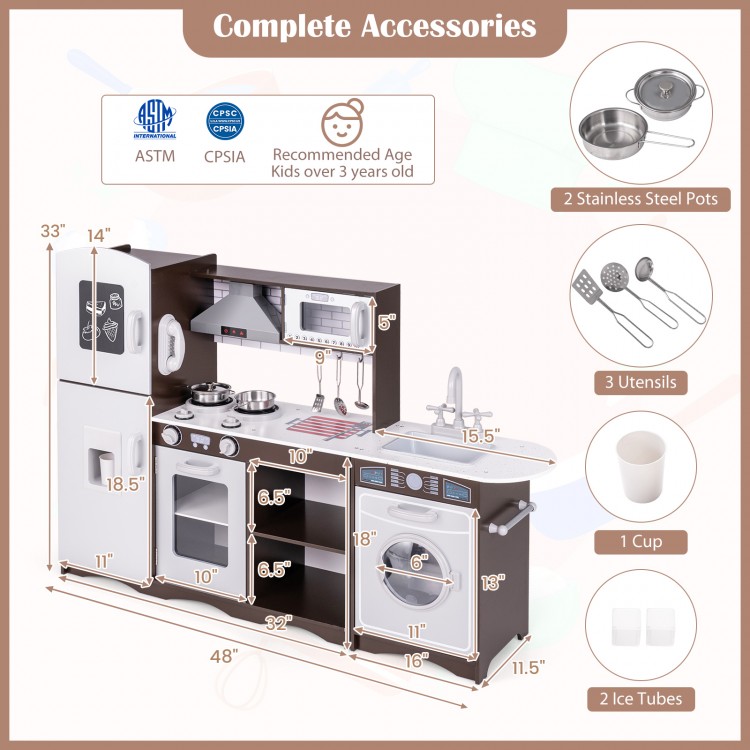 Corner toy kitchen set in dark brown with interactive lights and sounds, featuring an oven, stove, and removable sink.