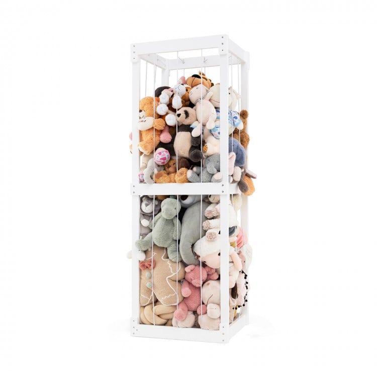 Large white stuffed animal storage with open top and elastic cords, ideal for organizing toys in kids' rooms or.