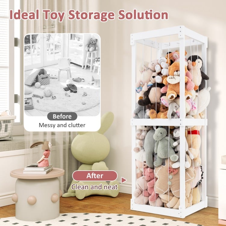 Large stuffed animal storage in white with open top and elastic cords, perfect for keeping kids' rooms tidy.