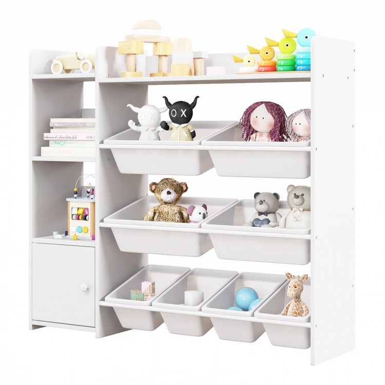 4-tier kids toy storage organizer in white with 8 removable bins and a cabinet, ideal for playrooms and bedrooms.
