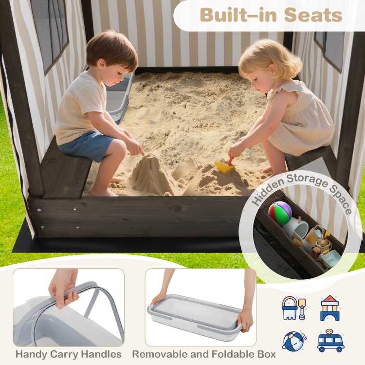 Wooden sandbox with canopy featuring built-in seats, hidden storage, and roll-up door curtains for kids aged 3+.