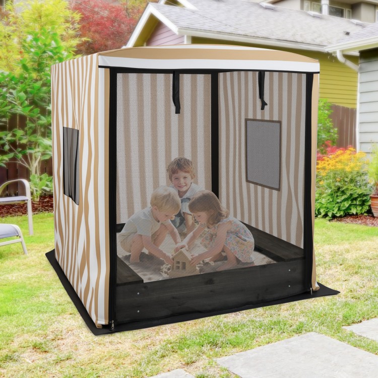 Wooden sandbox with canopy for children, featuring breathable mesh windows and roll-up curtains for outdoor play.