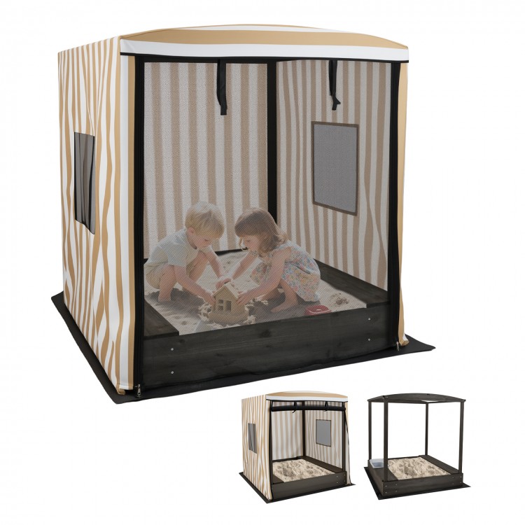 Wooden sandbox with canopy for children, featuring breathable mesh, roll-up curtains, and built-in seats for versatile.