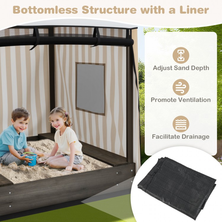 Wooden sandbox with canopy featuring a bottomless design, breathable mesh, and built-in seats for children aged 3+.