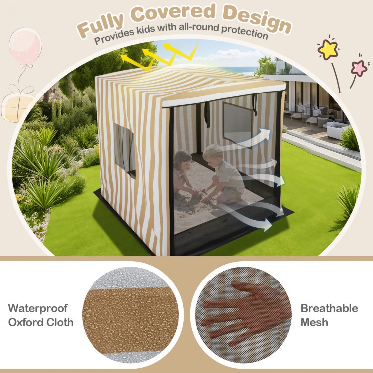 Wooden sandbox with canopy for kids, featuring breathable mesh, waterproof cloth, and roll-up door curtains for easy.