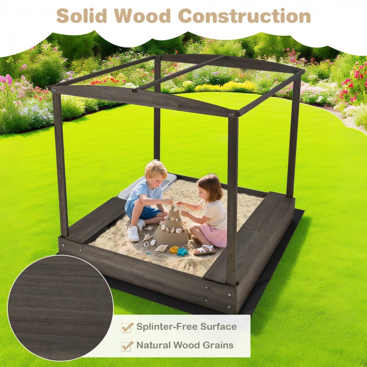 Wooden sandbox with canopy, featuring solid wood construction and built-in seats, perfect for outdoor play for children.