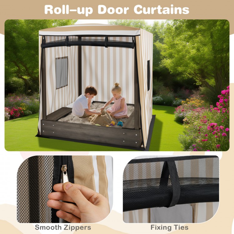 Wooden sandbox with canopy featuring roll-up door curtains, breathable mesh, and built-in seats for children's play.