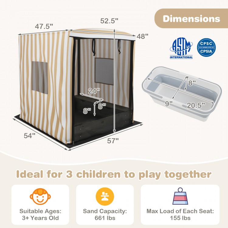 Wooden sandbox with canopy for children, featuring roll-up curtains, breathable mesh, and built-in seats for outdoor.