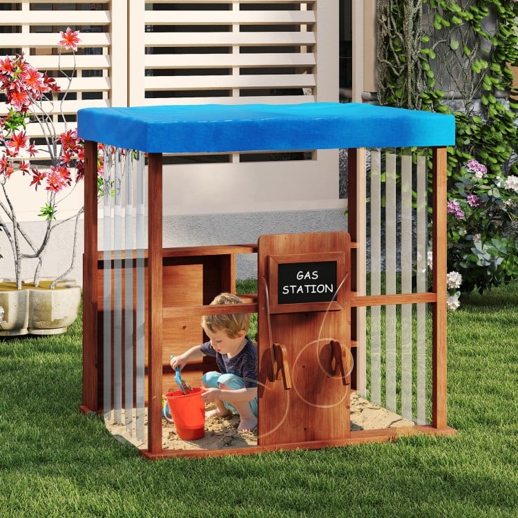 Kids Gas Station playhouse with blue canopy, featuring gas refueling guns and storage shelves for imaginative play.