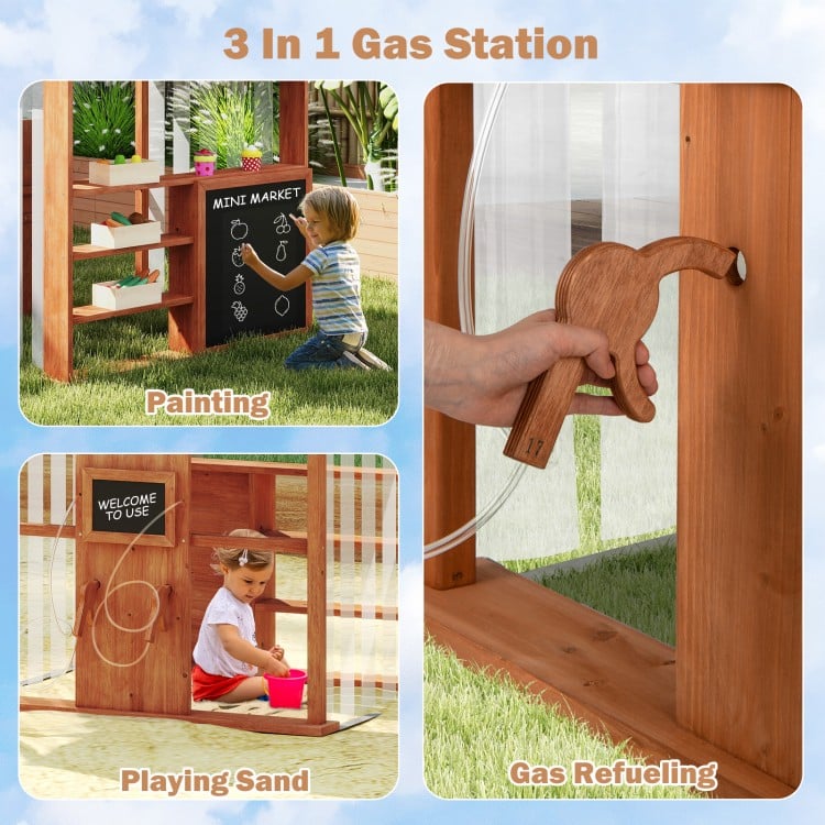 Kids Gas Station playhouse featuring gas refueling guns, chalkboards, and ample storage for imaginative outdoor play.
