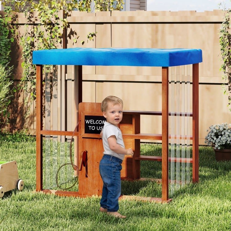 Kids Gas Station Playhouse with blue canopy, featuring storage shelves and gas refueling guns for imaginative outdoor.
