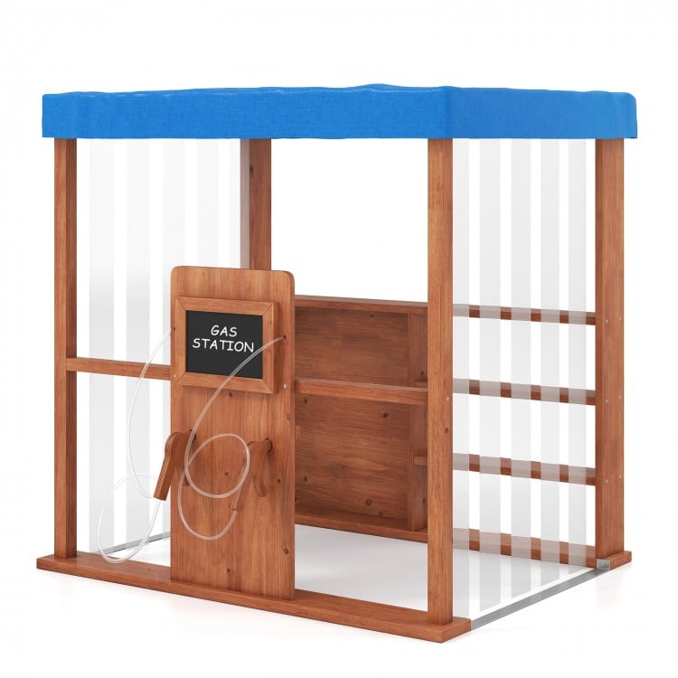 Kids gas station playhouse in brown with blue canopy, featuring gas refueling guns and two chalkboards for imaginative.