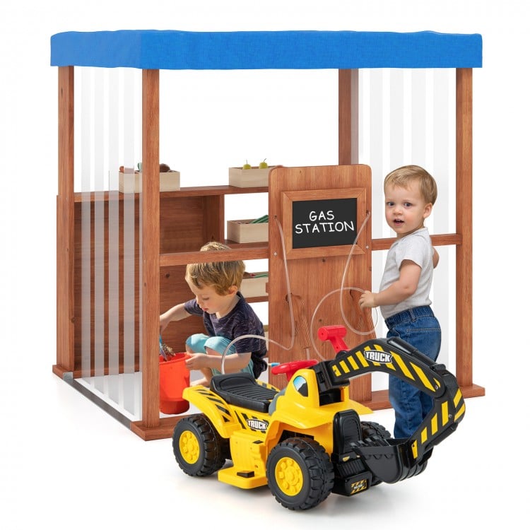Kids Gas Station Playhouse with gas refueling guns, brown cedar wood, and waterproof canopy for imaginative play.