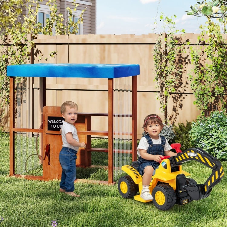 Kids Gas Station Playhouse in brown with gas refueling guns, featuring a waterproof canopy and storage shelves for.
