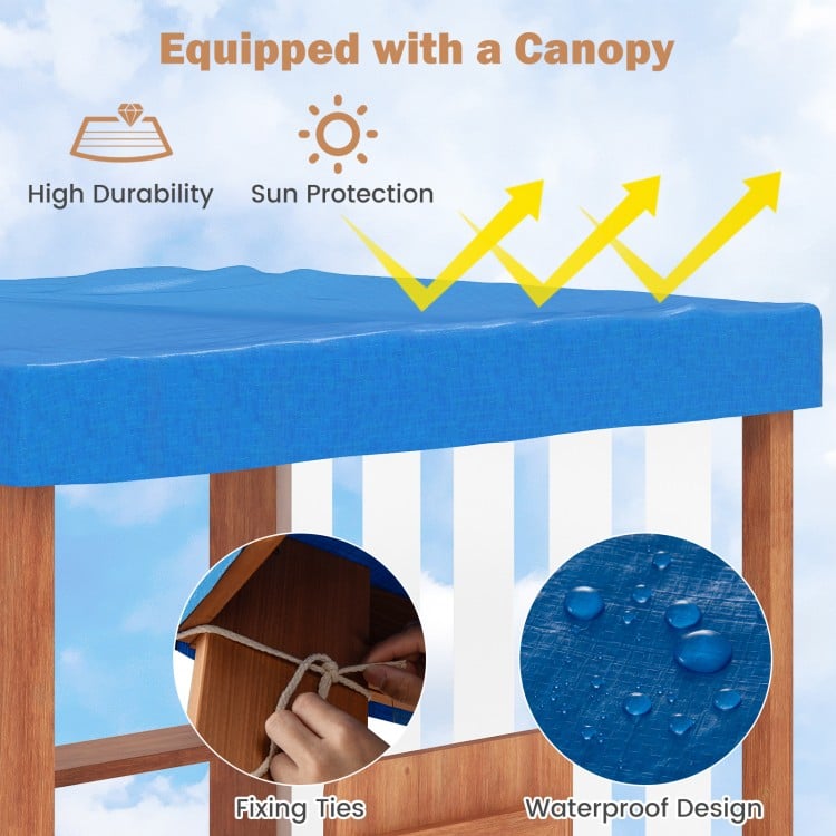 Kids gas station playhouse with waterproof canopy, featuring storage shelves and gas refueling guns for imaginative.