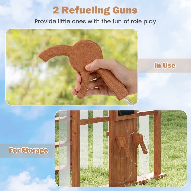 Kids gas station playhouse featuring two simulated gas refueling guns for imaginative role play and hands-on fun.