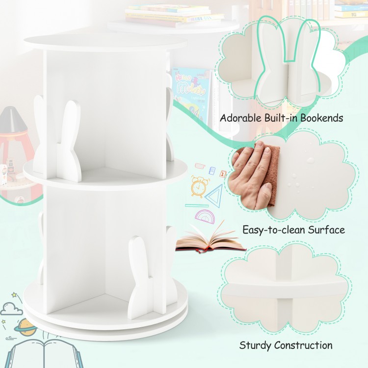 Freestanding 2-tier rotating bookshelf in white with bunny baffles, ideal for kids' playroom or bedroom storage.