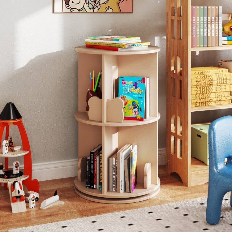 Freestanding 2-tier rotating kids bookshelf in natural wood with bear baffles, ideal for playroom or bedroom storage.