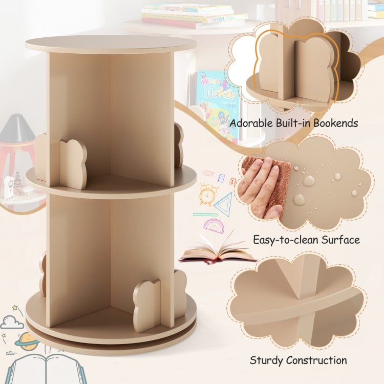 2-tier rotating kids bookshelf with bear baffles, natural finish, easy-to-clean surface, perfect for playroom storage.