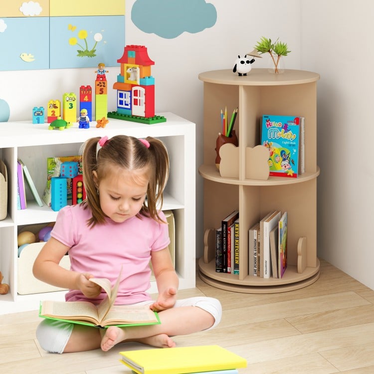 2-tier rotating kids bookshelf in natural finish with bear baffles, ideal for playroom storage and easy access to books.
