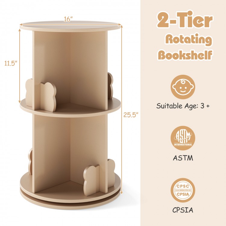 2-tier rotating kids bookshelf in natural finish with bear baffles, ideal for playroom storage and decoration.