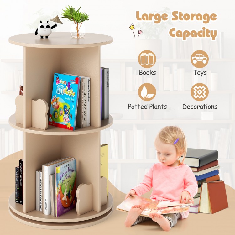 2-tier rotating kids bookshelf with bear baffles, natural finish, ideal for storing books and toys in playroom or.