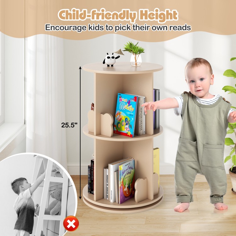 Freestanding 2-tier rotating bookshelf with bear baffles, 25.5" tall, ideal for kids' playroom or bedroom storage.