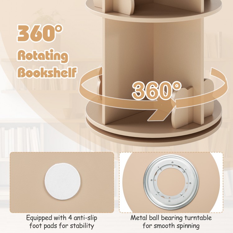 360° rotating kids bookshelf with 8 compartments and bear baffles, ideal for playroom or living room storage.