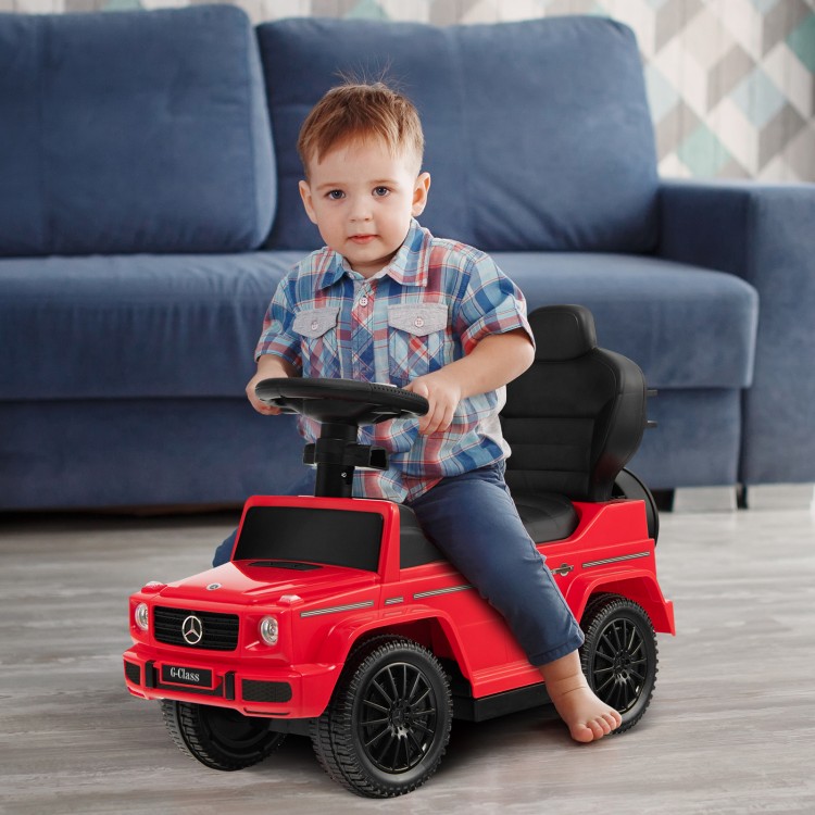 Red Mercedes Benz G350 ride-on push car for kids, featuring a functional steering wheel and adjustable canopy.