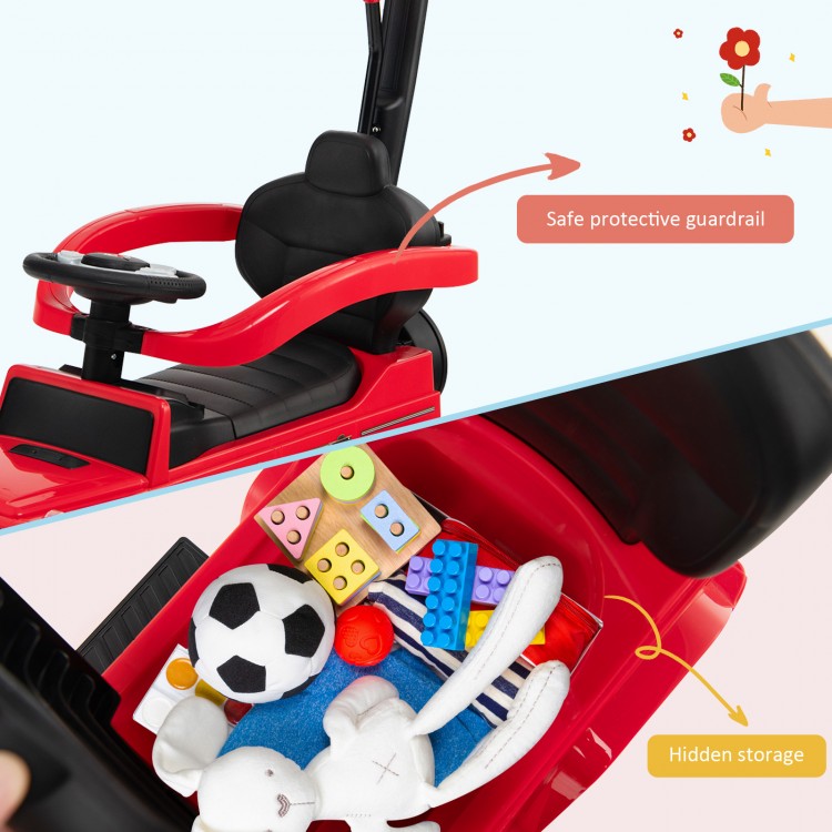 3-in-1 ride-on push car with protective guardrail and hidden storage, designed for kids aged 1-3 years in red.