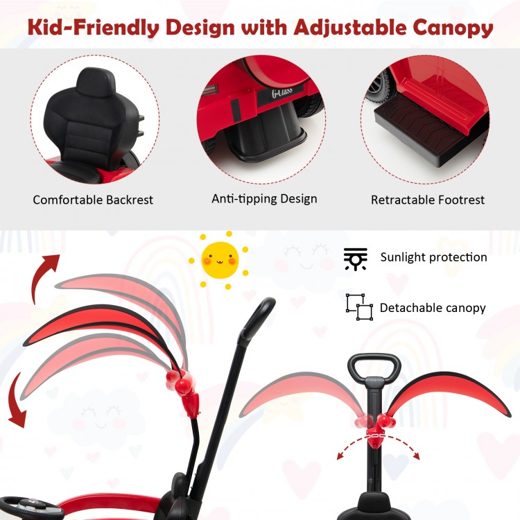 3-in-1 ride-on push car with adjustable canopy, anti-tipping design, and retractable footrest for kids aged 1-3.
