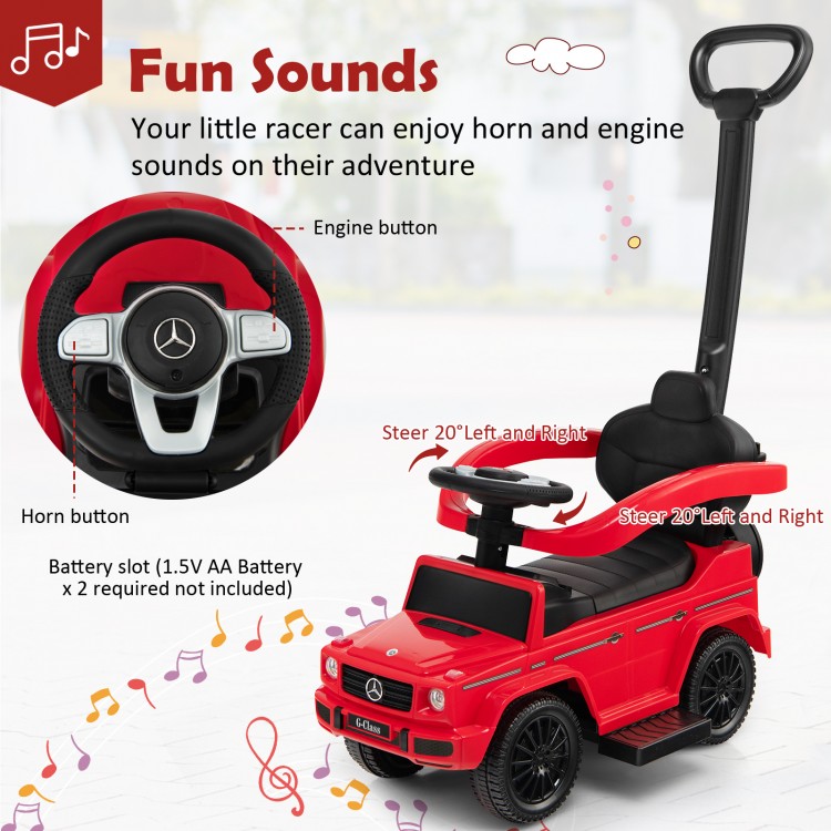 Red Mercedes Benz G350 ride-on push car with steering wheel, horn, and engine sounds for kids aged 1-3 years.