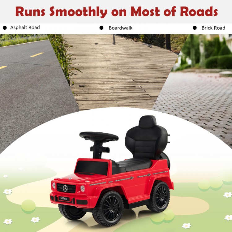 Red Mercedes Benz G350 ride-on push car for kids, featuring a functional steering wheel and adjustable canopy for.