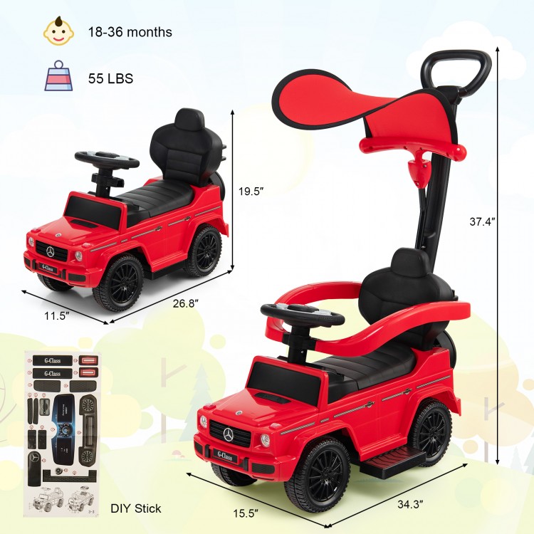 3-in-1 red Mercedes Benz G350 ride-on push car with canopy, suitable for kids 18-36 months, featuring storage and.