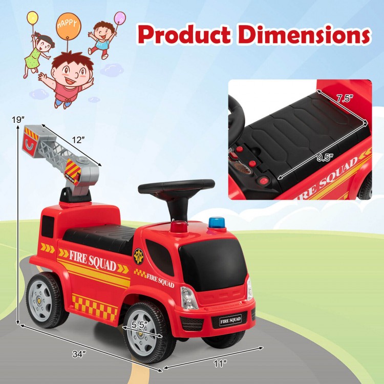 Kids push ride-on fire truck in red with dimensions, featuring a ladder bubble maker, headlights, and durable wheels.