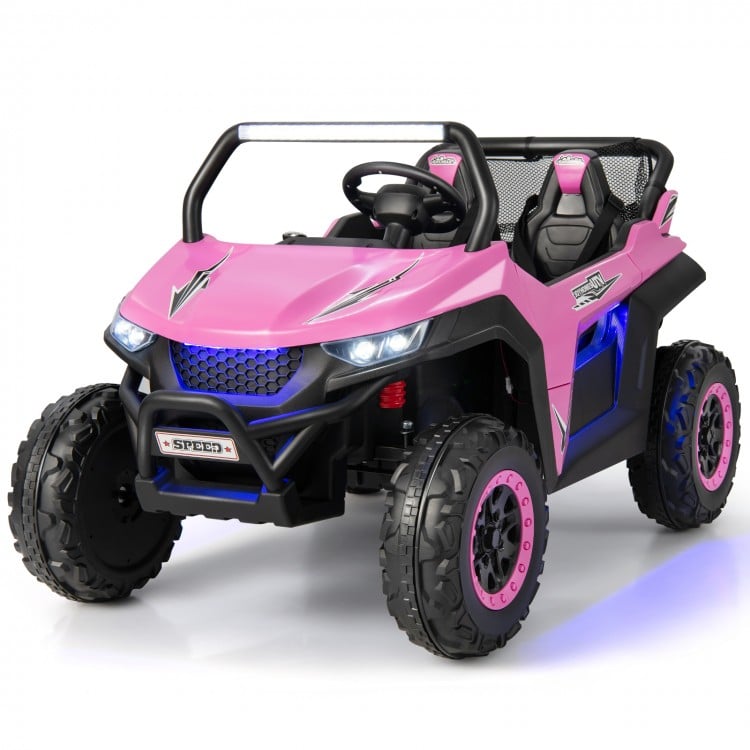 Pink 12V kids UTV with two seats, safety belts, adjustable speeds, and bright headlights for fun outdoor adventures.