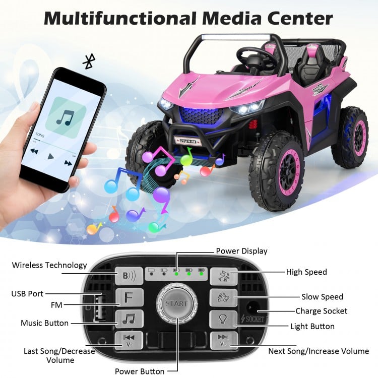 Multifunctional media center of the pink 12V kids UTV, featuring USB port, wireless technology, and music controls.