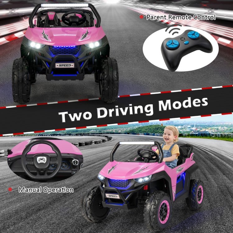 Pink 12V kids ride-on UTV with two seats, remote control, and safety features for outdoor fun. Suitable for ages 3-8.