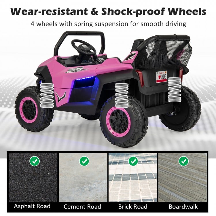 12V pink kids ride-on UTV with wear-resistant wheels and spring suspension, suitable for various road types.