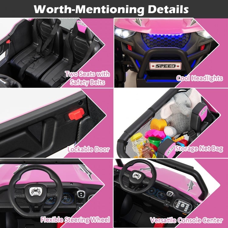 Detail shot of the 12V pink kids UTV showcasing the lockable door, storage net bag, and flexible steering wheel.