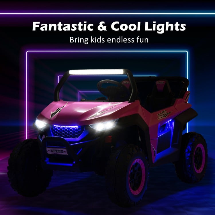 Pink 12V kids ride-on UTV with cool lights, accommodating 2 children, featuring safety belts and adjustable speeds.