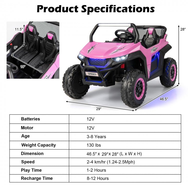 Pink 12V 2-seater kids UTV with safety belts, adjustable speeds, and built-in music for outdoor fun.