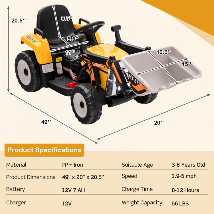 Kids ride-on excavator in yellow with adjustable arm and bucket, designed for ages 3-8, ideal for smooth outdoor play.